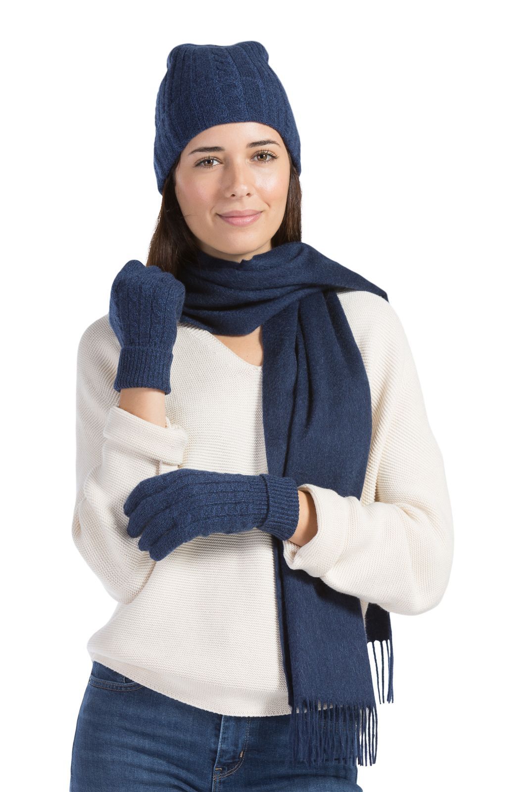 Women's 3pc 100% Pure Cashmere Hat, Glove, Scarf Set with Gift Box Womens>Accessories>Cashmere Set Fishers Finery Navy One Size 