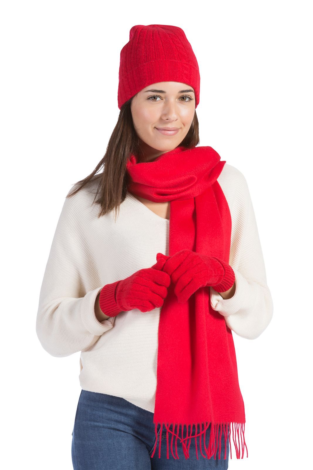 Fishers Finery 100 % Pure Cashmere Hat, Gloves, Scarf Gift Set-One Size / Red, Women's