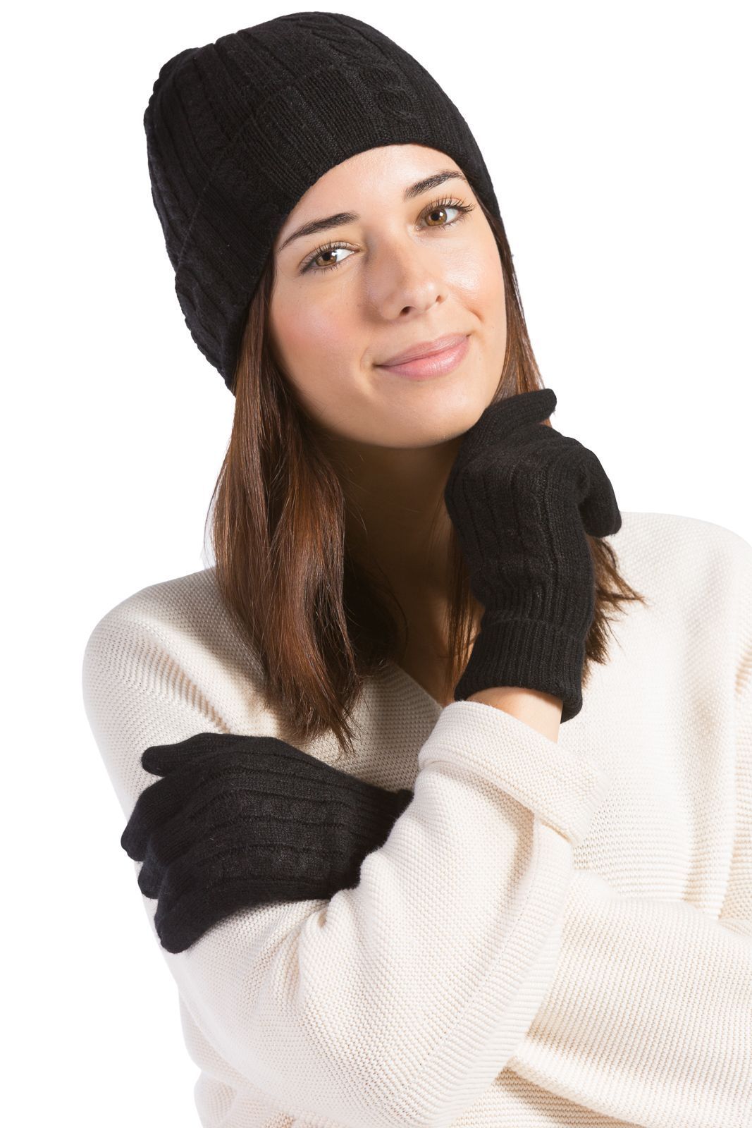 Women's 2pc 100% Pure Cashmere Cable Knit Hat & Glove Set with Gift Box Womens>Accessories>Cashmere Set Fishers Finery Black One Size Fits Most 