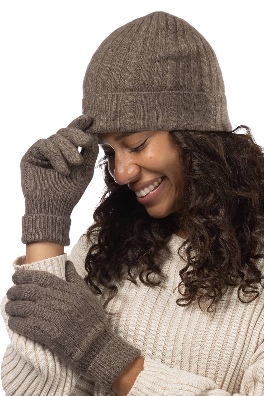 Women's 2pc 100% Pure Cashmere Cable Knit Hat & Glove Set with Gift Box Womens>Accessories>Cashmere Set Fishers Finery Cappuccino One Size Fits Most 