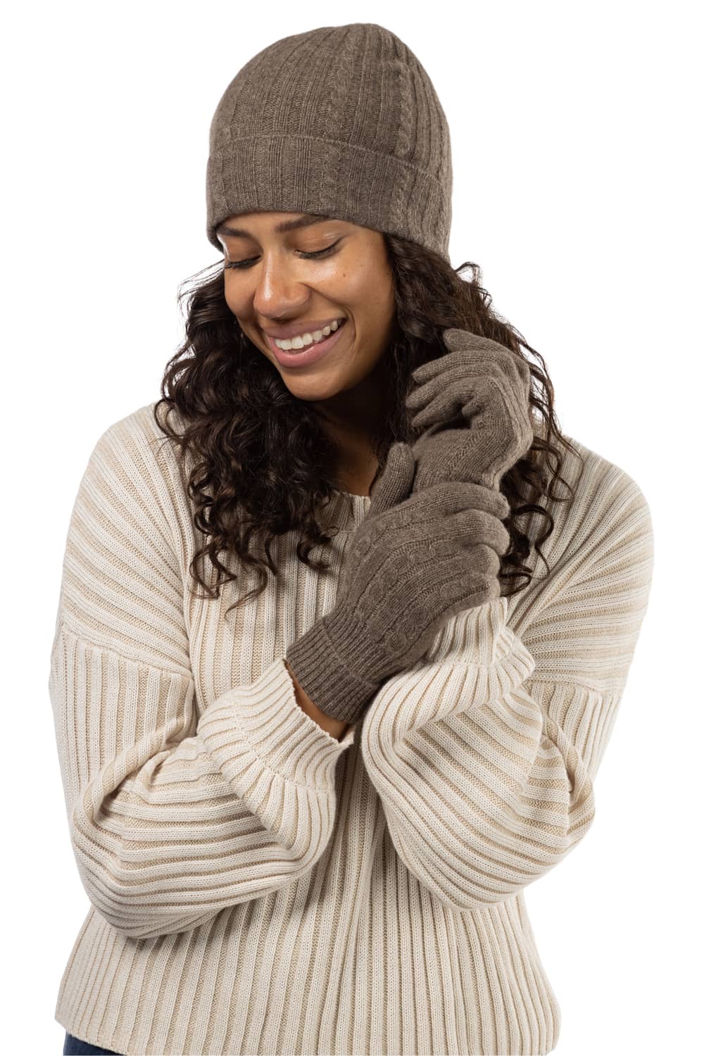 Women's 2pc 100% Pure Cashmere Cable Knit Hat & Glove Set with Gift Box Womens>Accessories>Cashmere Set Fishers Finery Cappuccino One Size Fits Most