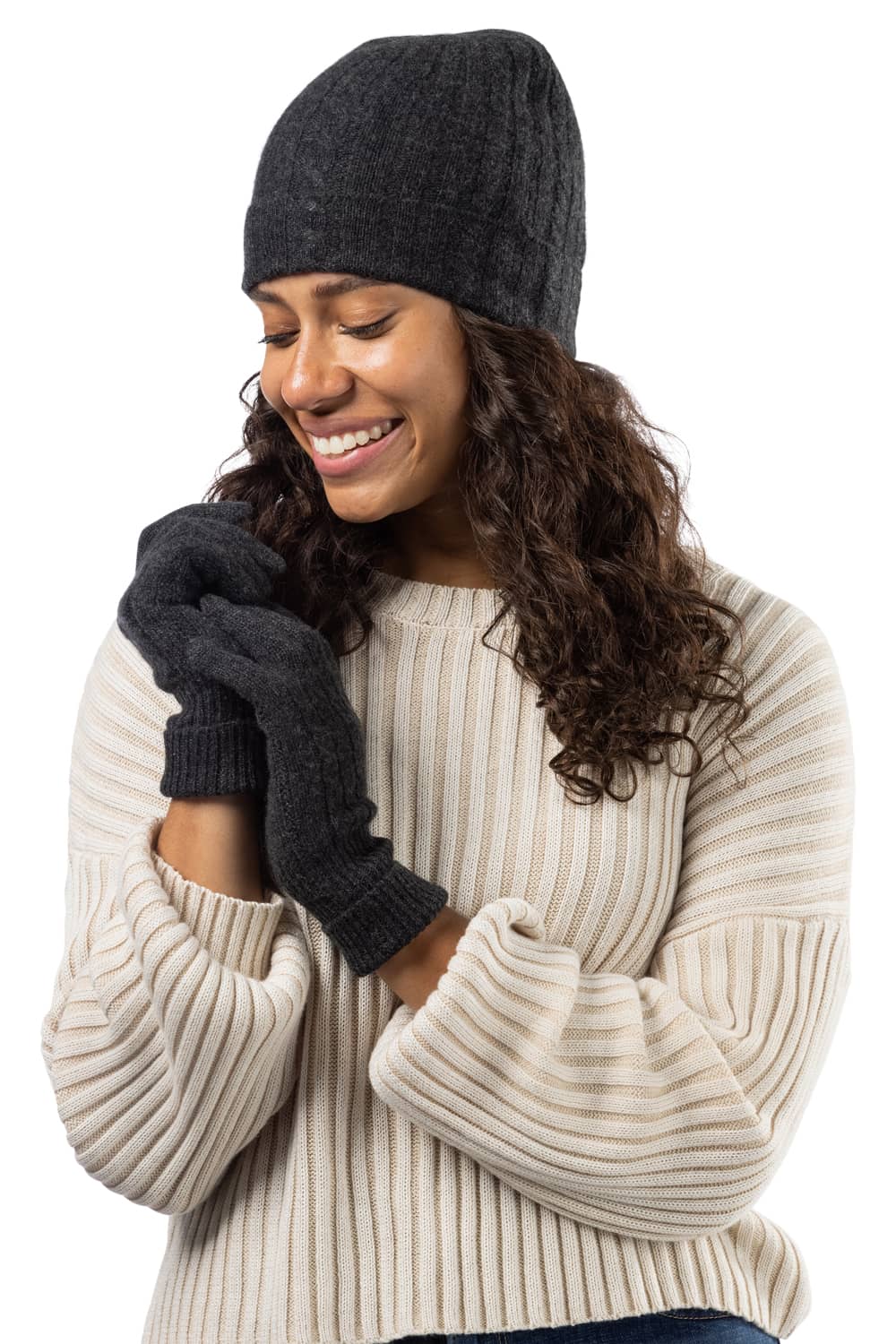 Women's 2pc 100% Pure Cashmere Cable Knit Hat & Glove Set with Gift Box Womens>Accessories>Cashmere Set Fishers Finery Charcoal One Size Fits Most 
