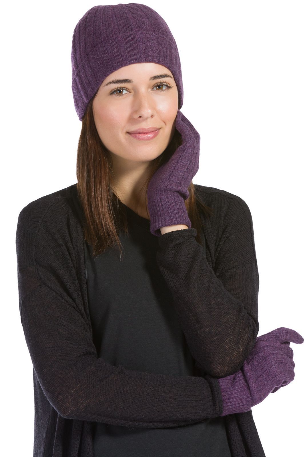 Women's 2pc 100% Pure Cashmere Cable Knit Hat & Glove Set with Gift Box Womens>Accessories>Cashmere Set Fishers Finery Eggplant One Size Fits Most 