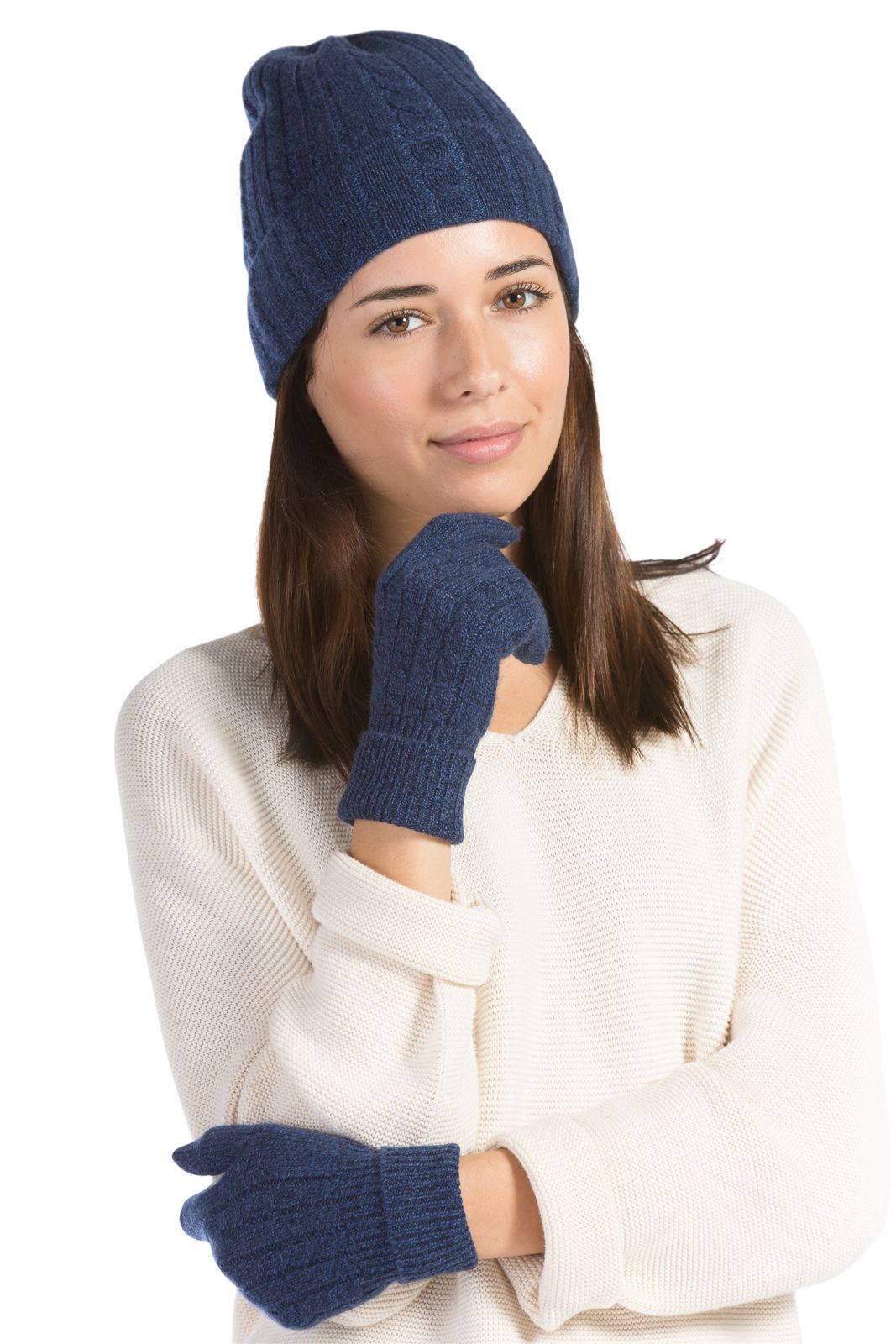 Women's 2pc 100% Pure Cashmere Cable Knit Hat & Glove Set with Gift Box Womens>Accessories>Cashmere Set Fishers Finery Heather Navy One Size Fits Most 