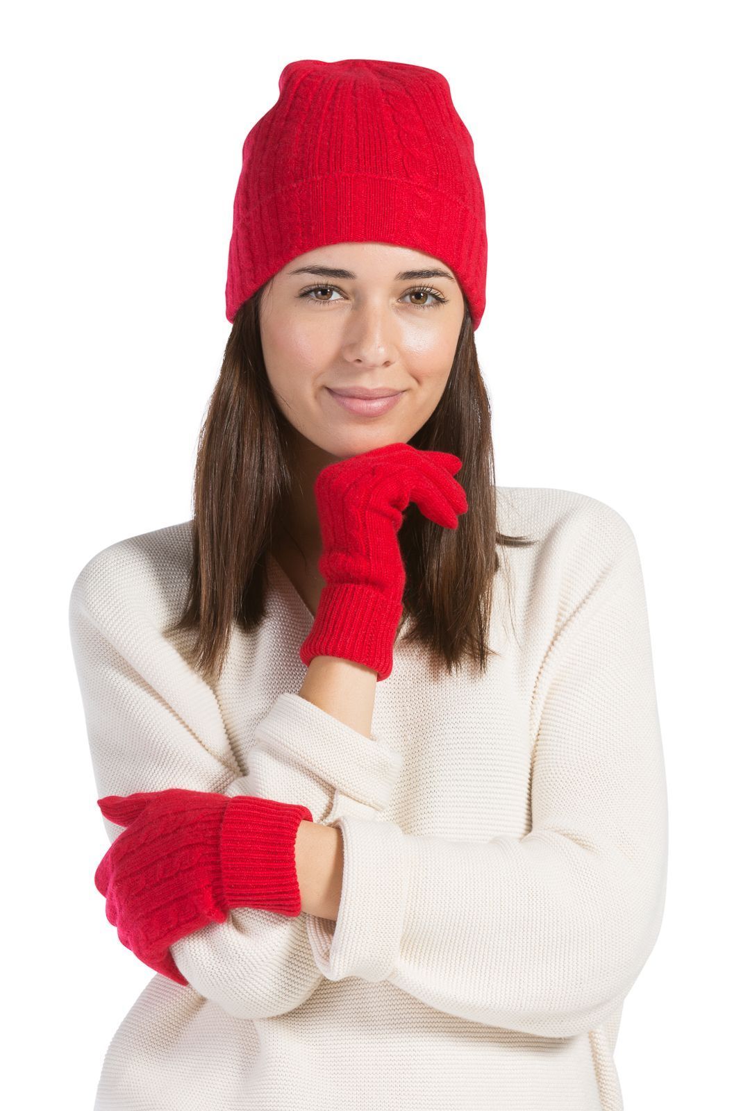 Women's 2pc 100% Pure Cashmere Cable Knit Hat & Glove Set with Gift Box Womens>Accessories>Cashmere Set Fishers Finery 