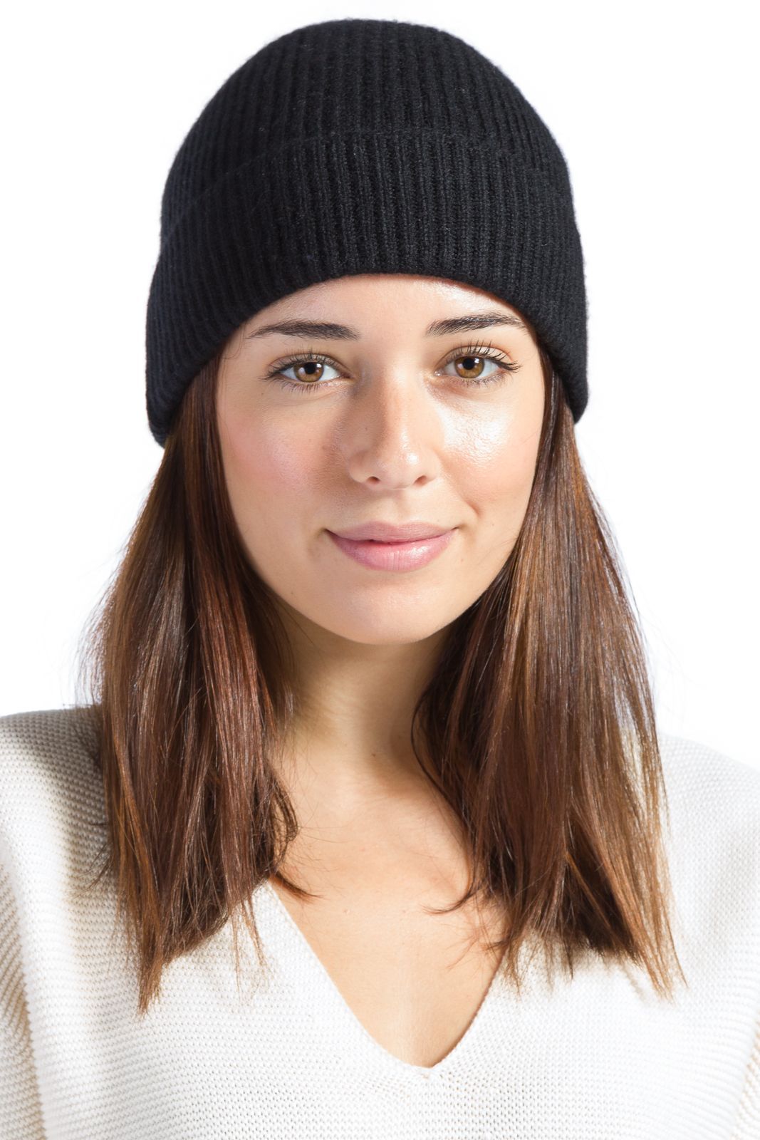 Women's 100% Pure Cashmere Ribbed Hat with Cuff Womens>Accessories>Hat Fishers Finery Black One Size Fits Most 