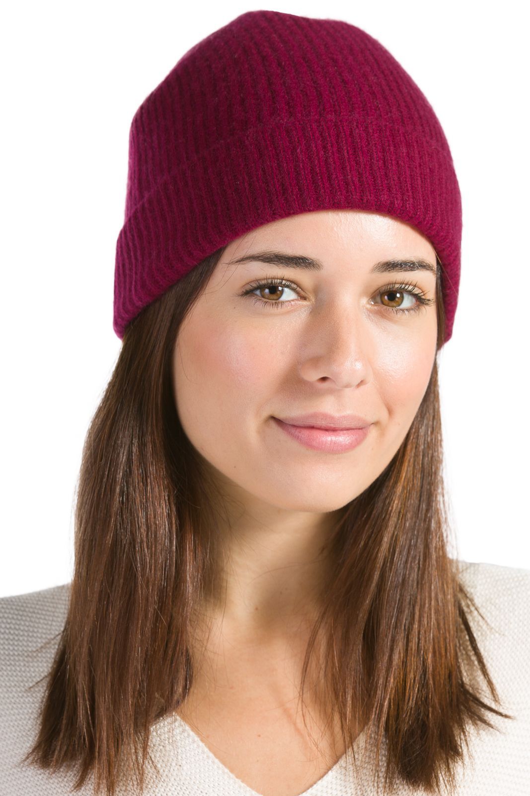 Women's 100% Pure Cashmere Ribbed Hat with Cuff Womens>Accessories>Hat Fishers Finery Cabernet One Size Fits Most 