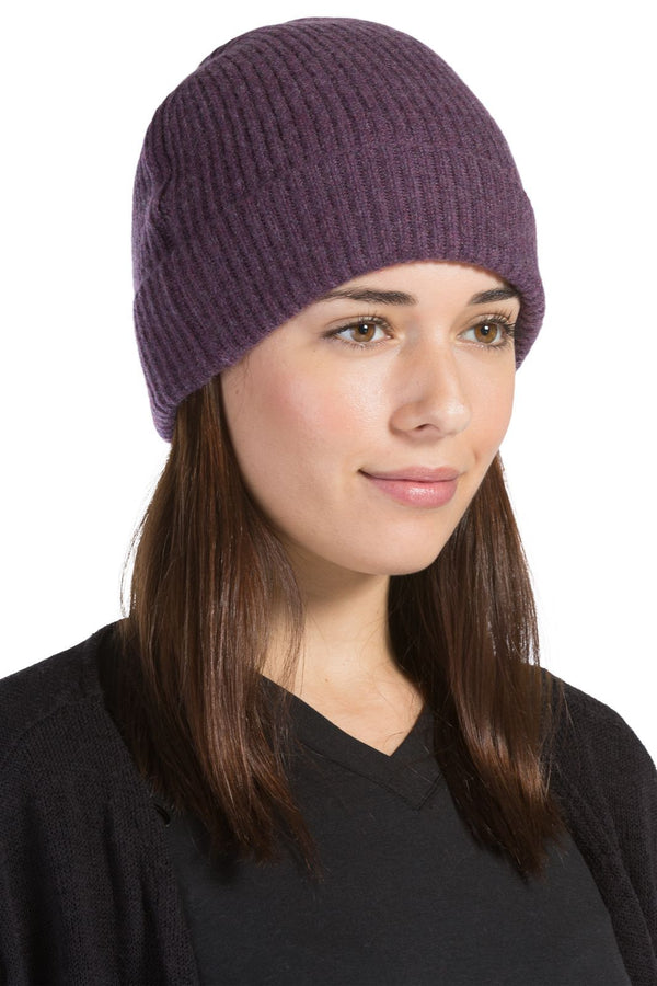 Women's 100% Pure Cashmere Ribbed Hat with Cuff Womens>Accessories>Hat Fishers Finery Eggplant One Size Fits Most 