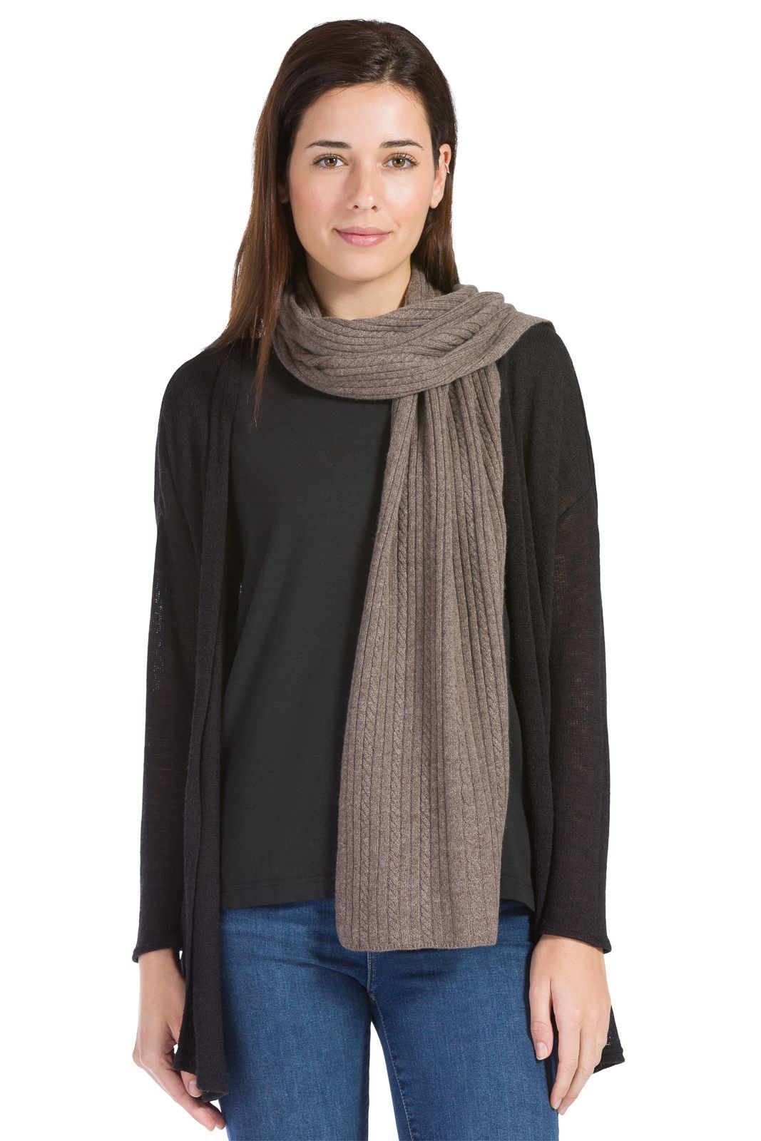 Women's 100% Cashmere Cable Knit Scarf with Gift Box Womens>Accessories>Scarf Fishers Finery Cappuccino 