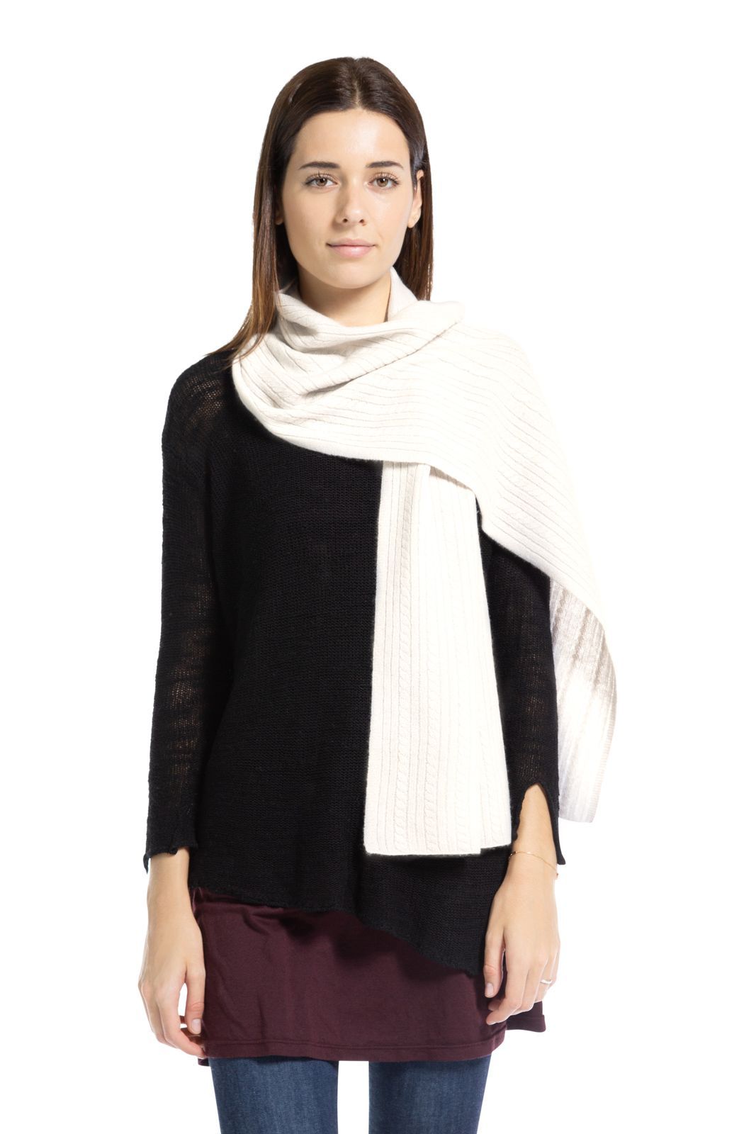 Women's 100% Cashmere Cable Knit Scarf with Gift Box Womens>Accessories>Scarf Fishers Finery Cream 