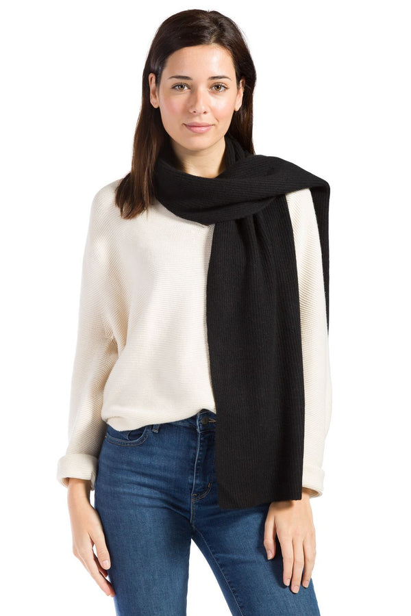 Women's 100% Pure Cashmere Ribbed Knit Scarf with Gift Box Womens>Accessories>Scarf Fishers Finery Black 