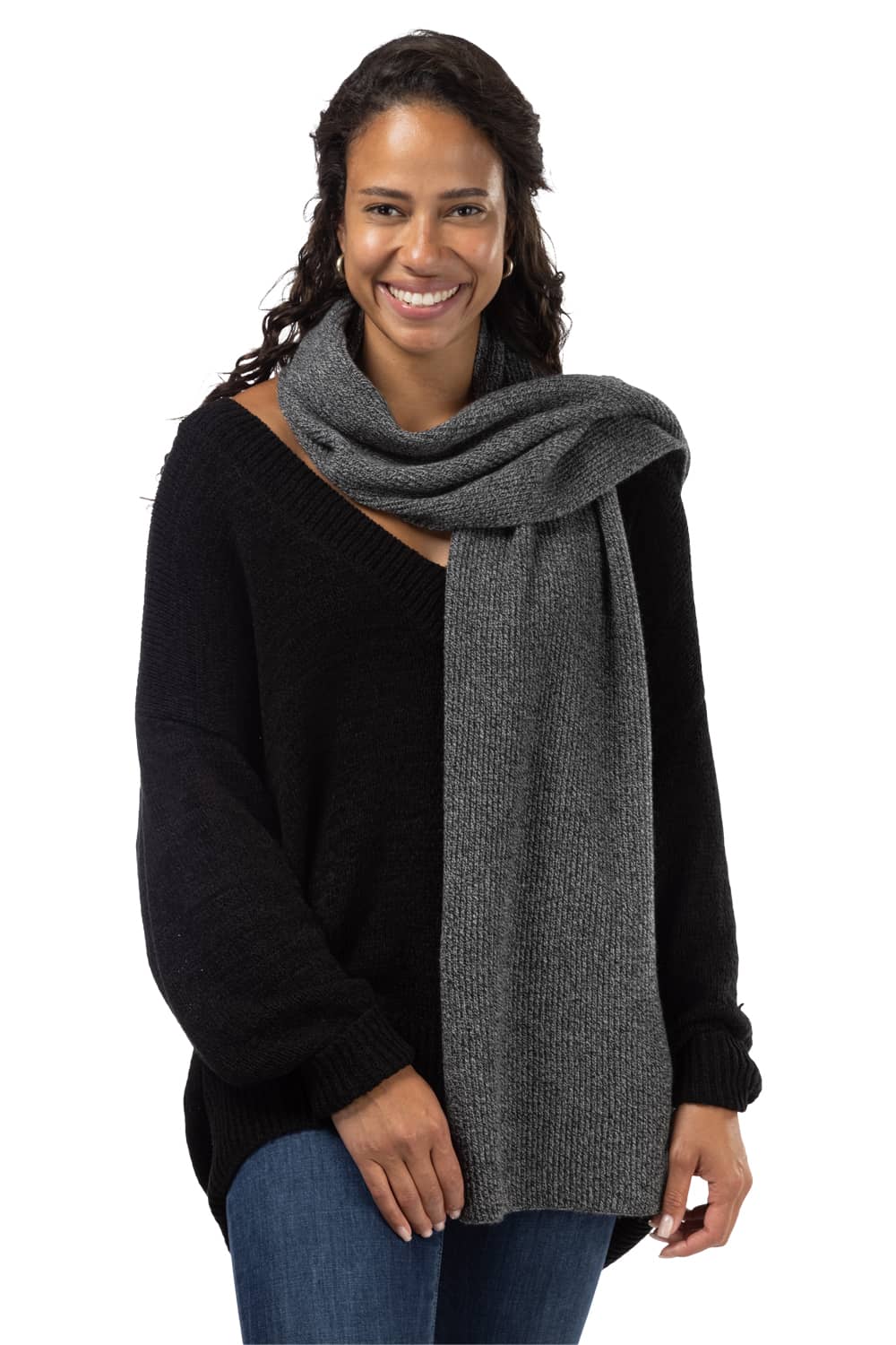Women's 100% Pure Cashmere Ribbed Knit Scarf with Gift Box Womens>Accessories>Scarf Fishers Finery Heather Gray 