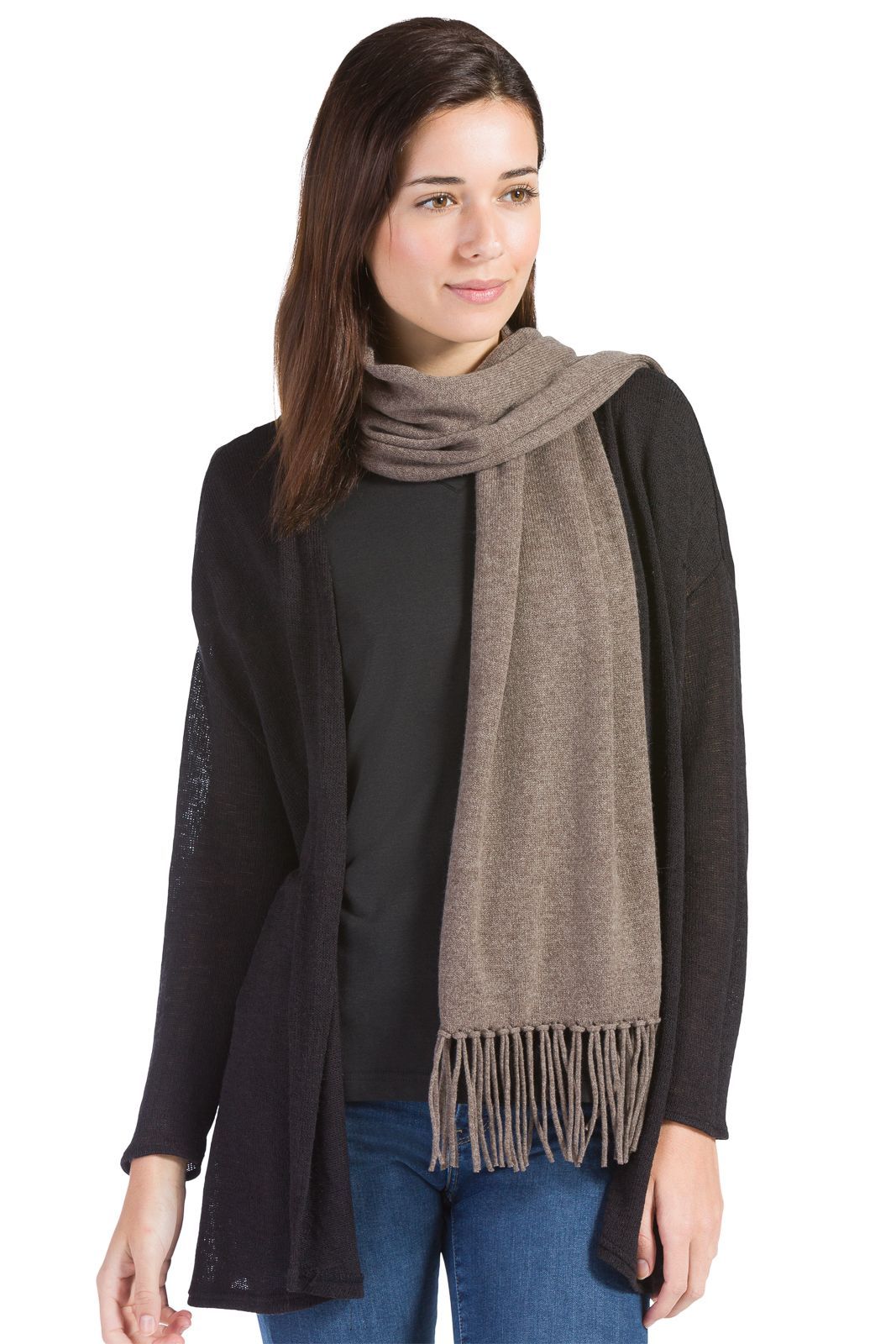 Women's 100% Pure Cashmere Knit Scarf with Fringe and Gift Box Womens>Accessories>Scarf Fishers Finery Cappuccino 