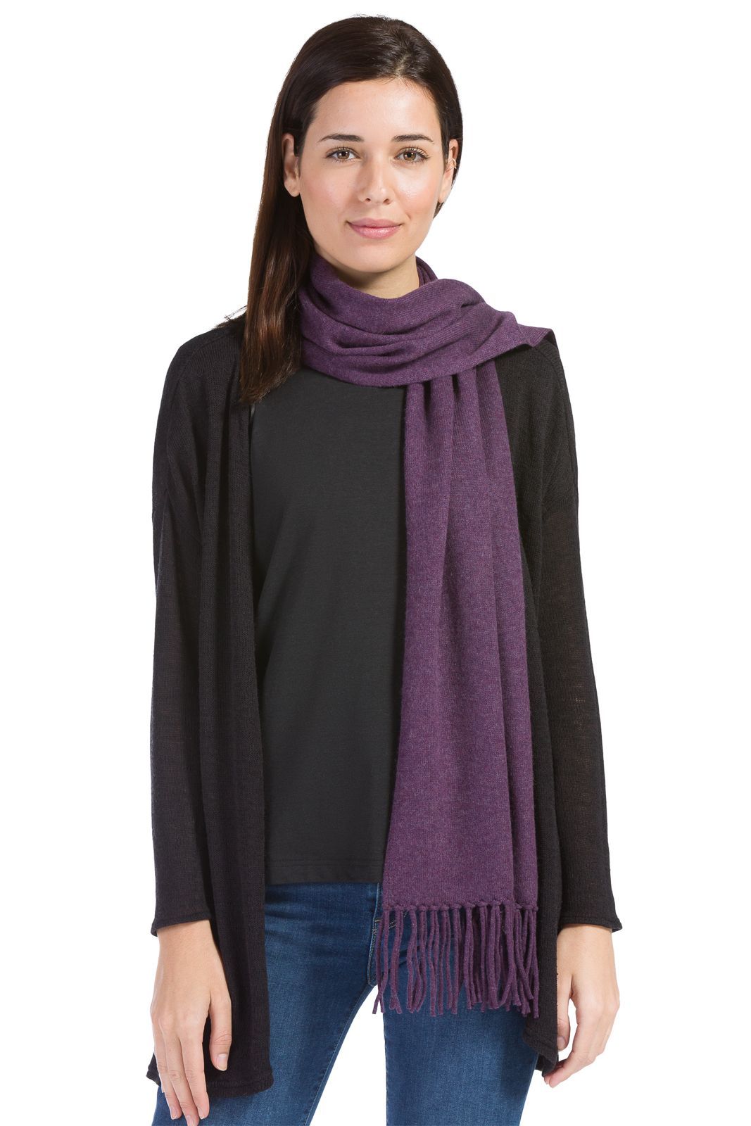 Women's 100% Pure Cashmere Knit Scarf with Fringe and Gift Box Womens>Accessories>Scarf Fishers Finery Eggplant 