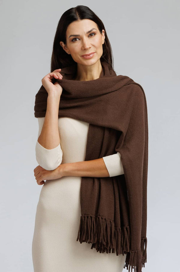 Women's 100% Pure Cashmere Knit Shawl Wrap with Fringe and Gift Box Womens>Accessories>Scarf Fishers Finery Cocoa 