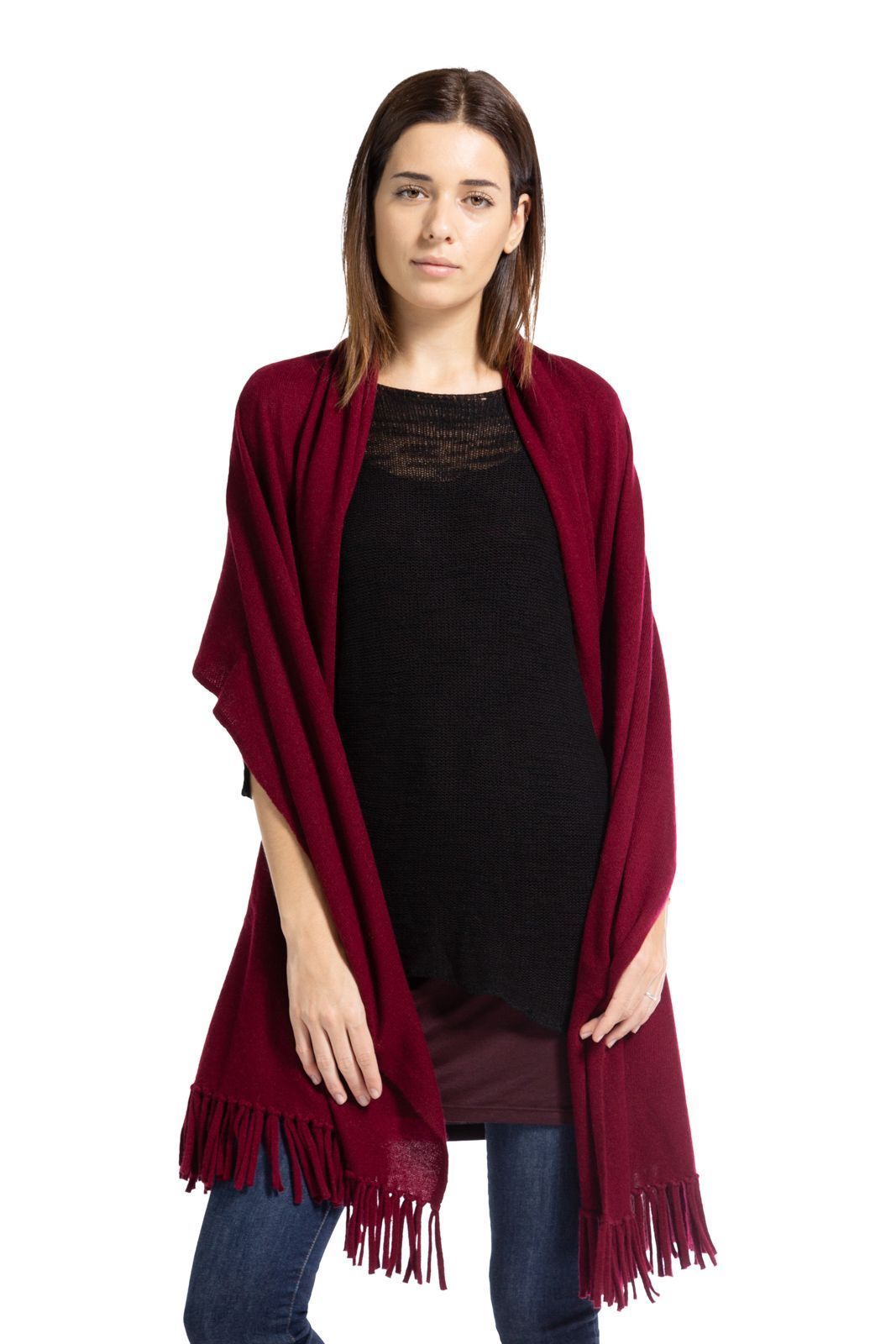 Women's 100% Pure Cashmere Knit Shawl Wrap with Fringe and Gift Box Womens>Accessories>Scarf Fishers Finery Cabernet 
