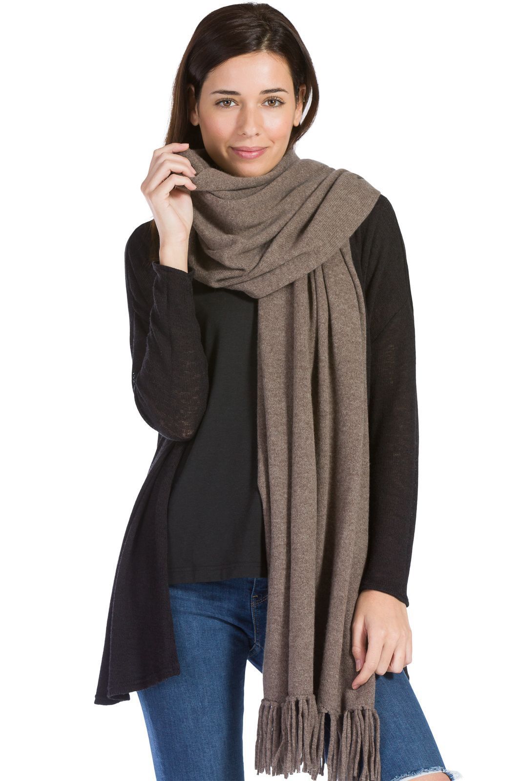 Women's 100% Pure Cashmere Knit Shawl Wrap with Fringe and Gift Box Womens>Accessories>Scarf Fishers Finery Cappuccino 