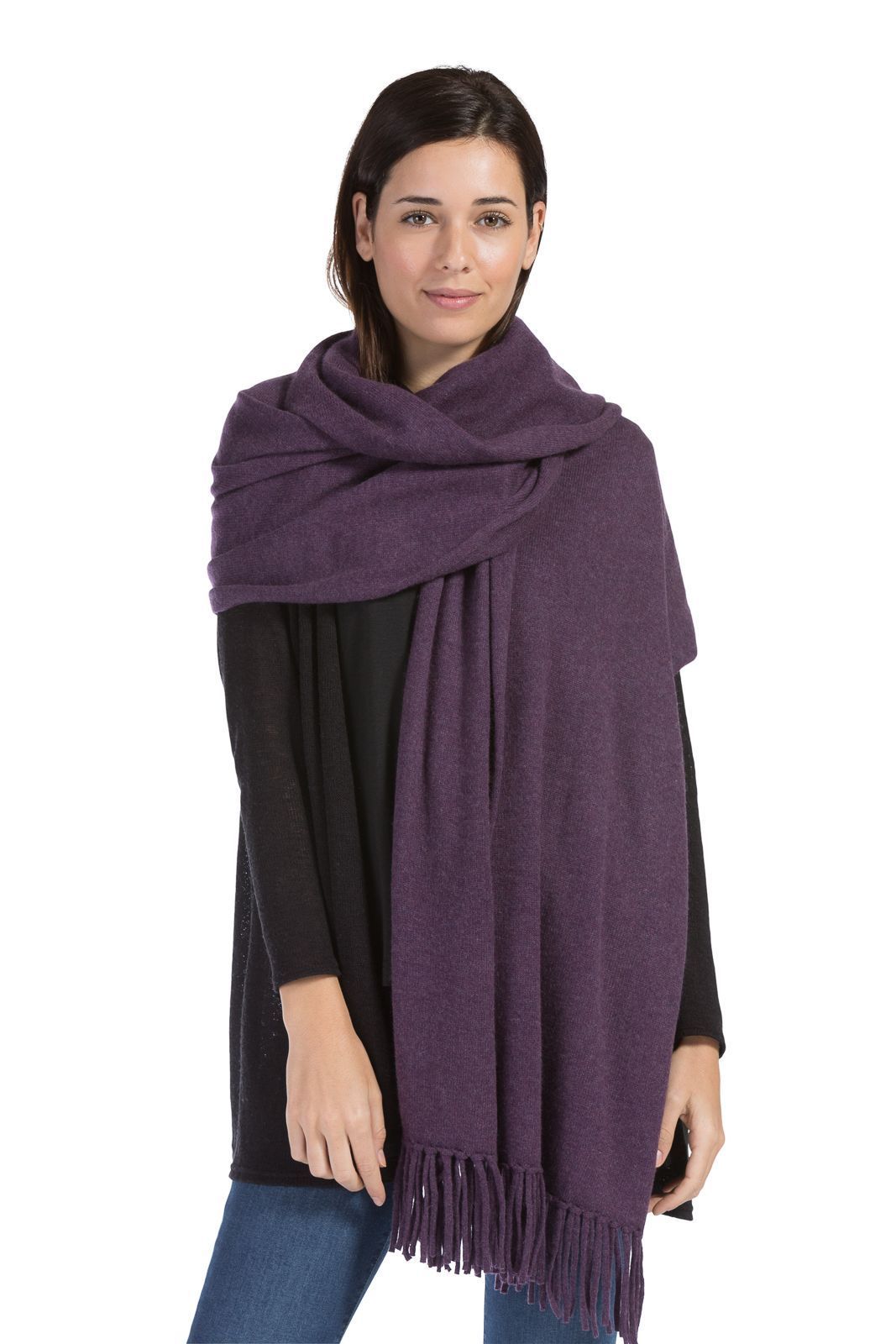 Women's 100% Pure Cashmere Knit Shawl Wrap with Fringe and Gift Box Womens>Accessories>Scarf Fishers Finery Eggplant 