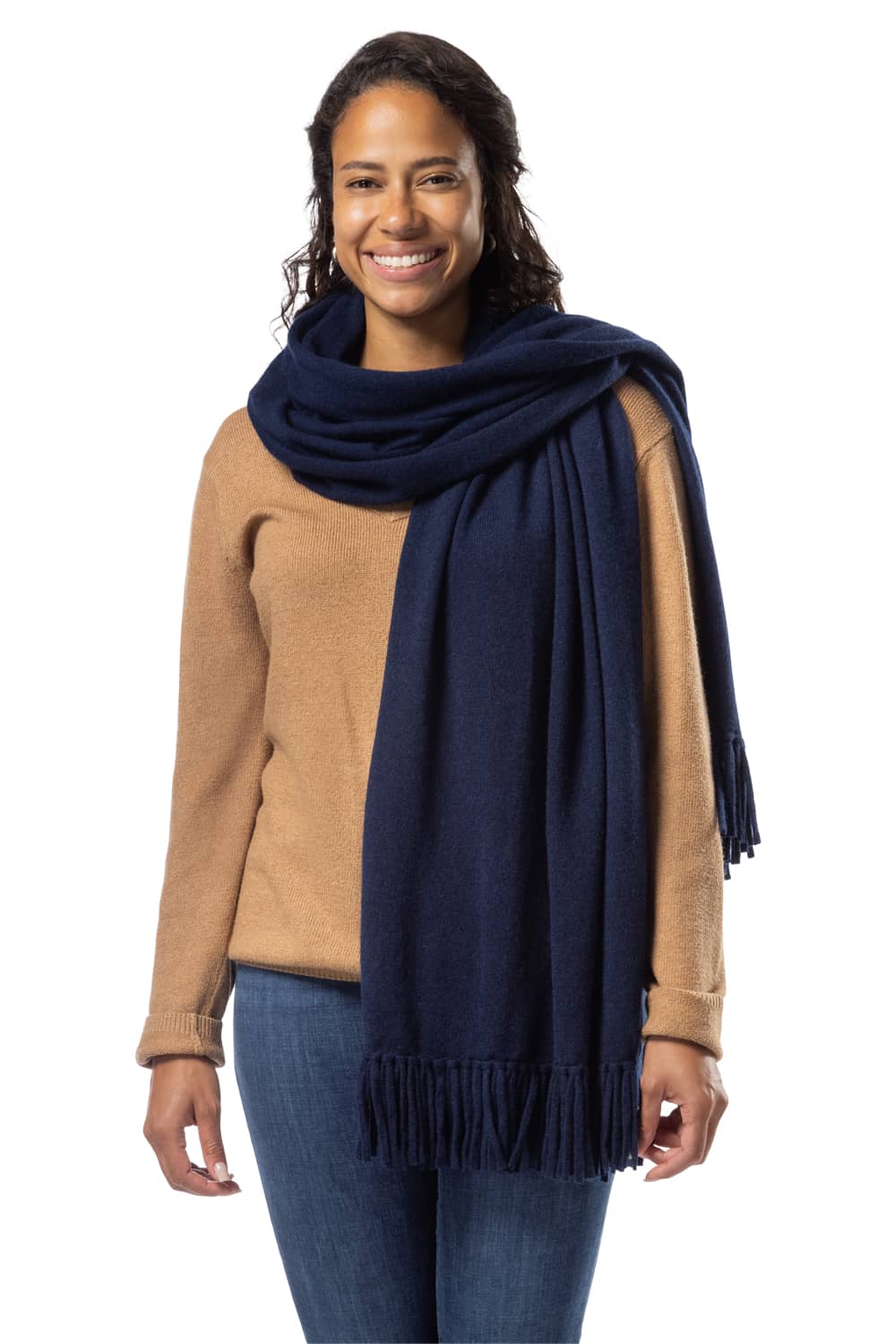 Women's 100% Pure Cashmere Knit Shawl Wrap with Fringe and Gift Box Womens>Accessories>Scarf Fishers Finery Navy 
