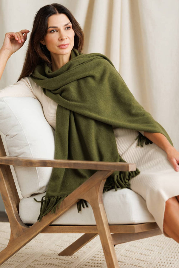 Women's 100% Pure Cashmere Knit Shawl Wrap with Fringe and Gift Box Womens>Accessories>Scarf Fishers Finery Olive 