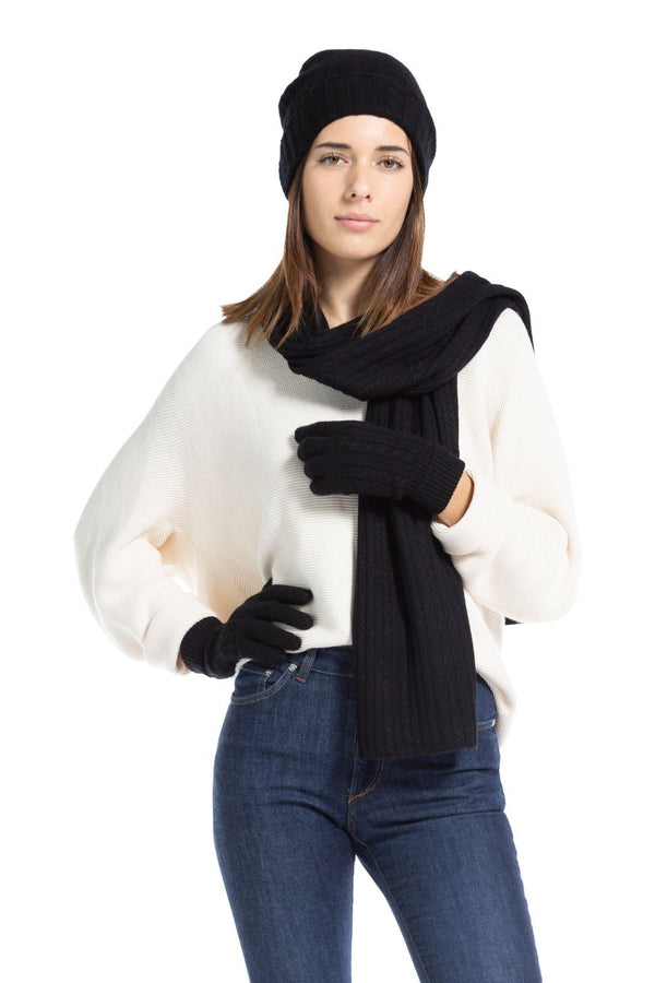 Women's 3pc 100% Pure Cashmere Cable Knit Hat Glove Scarf Set with Gift Box Womens>Accessories>Cashmere Set Fishers Finery Black One Size 