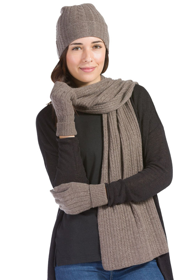 Women's 3pc 100% Pure Cashmere Cable Knit Hat Glove Scarf Set with Gift Box Womens>Accessories>Cashmere Set Fishers Finery Cappuccino One Size 