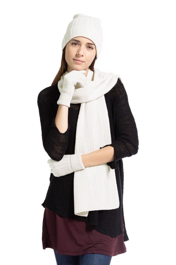 Women's 3pc 100% Pure Cashmere Cable Knit Hat Glove Scarf Set with Gift Box Womens>Accessories>Cashmere Set Fishers Finery Cream One Size 