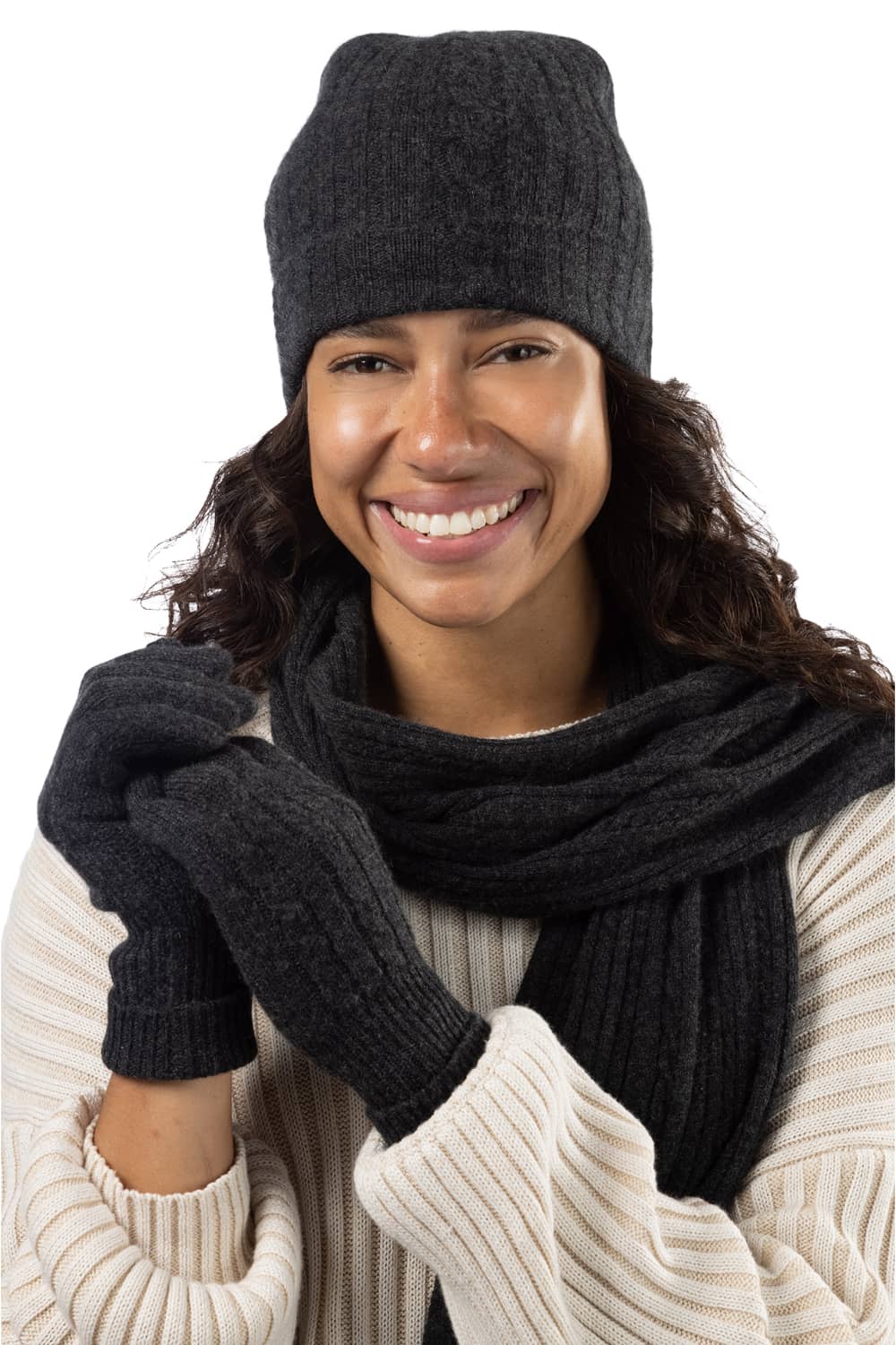 Women's 3pc 100% Pure Cashmere Cable Knit Hat Glove Scarf Set with Gift Box Womens>Accessories>Cashmere Set Fishers Finery 