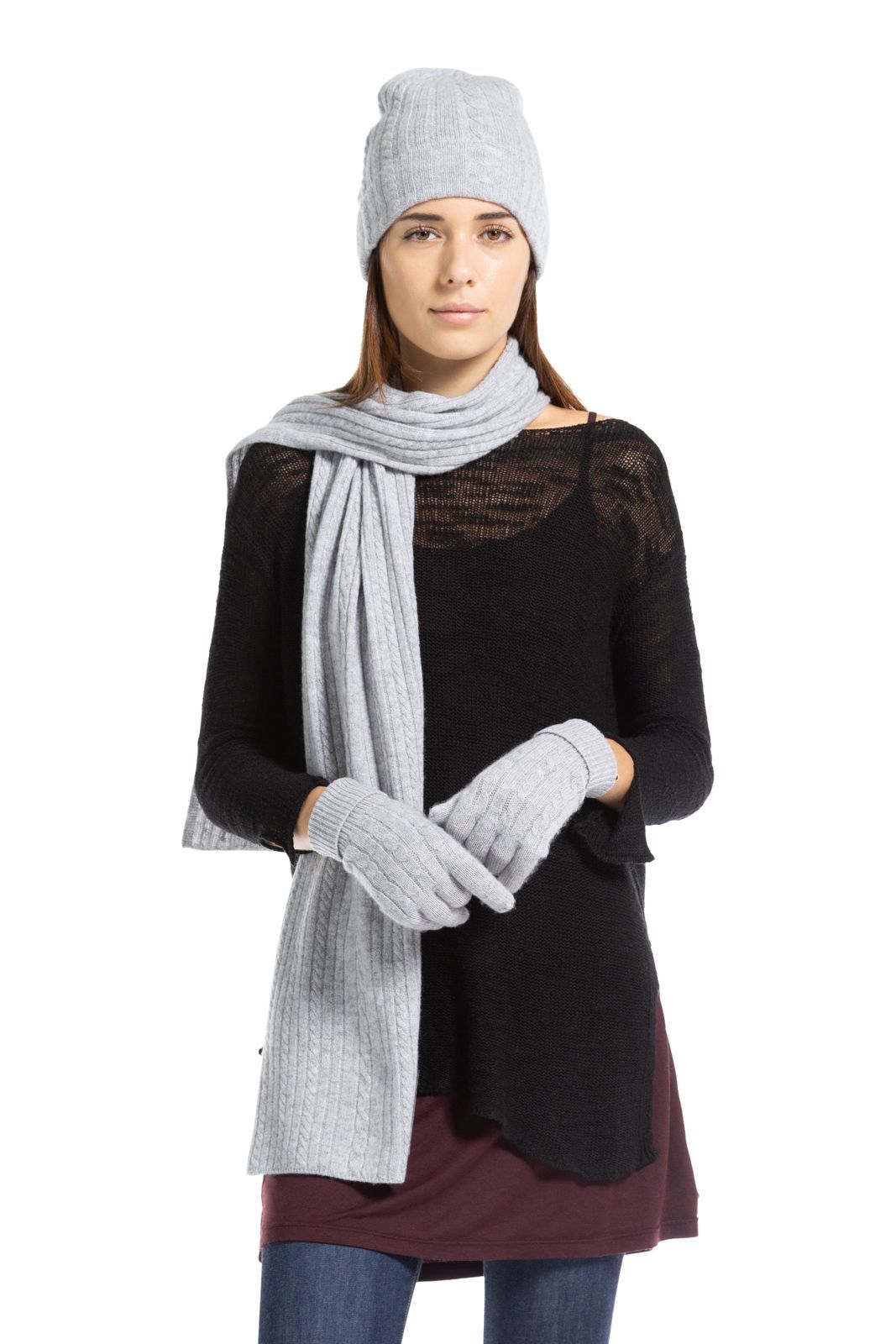 Women's 3pc 100% Pure Cashmere Cable Knit Hat Glove Scarf Set with Gift Box Womens>Accessories>Cashmere Set Fishers Finery Gray One Size 