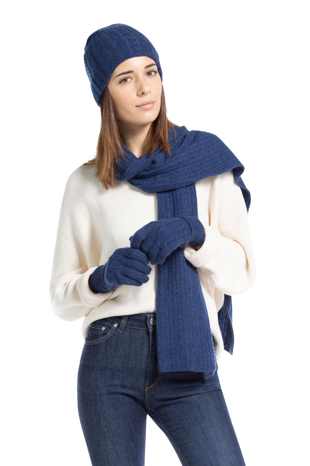 Women's 3pc 100% Pure Cashmere Cable Knit Hat Glove Scarf Set with Gift Box Womens>Accessories>Cashmere Set Fishers Finery Heather Navy One Size 