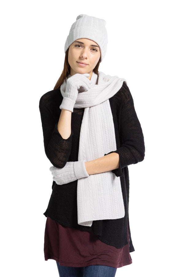 Women's 3pc 100% Pure Cashmere Cable Knit Hat Glove Scarf Set with Gift Box Womens>Accessories>Cashmere Set Fishers Finery Stone One Size 
