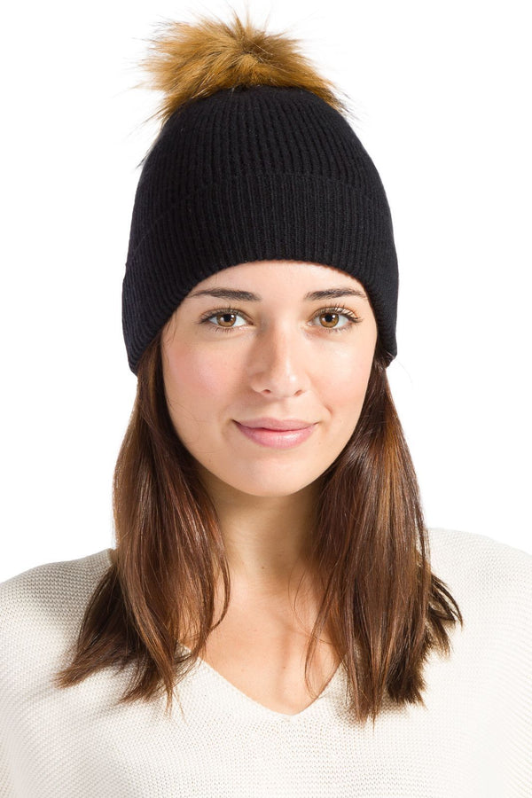 Women's 100% Pure Cashmere Pom Beanie Hat Womens>Accessories>Hat Fishers Finery Black One Size 