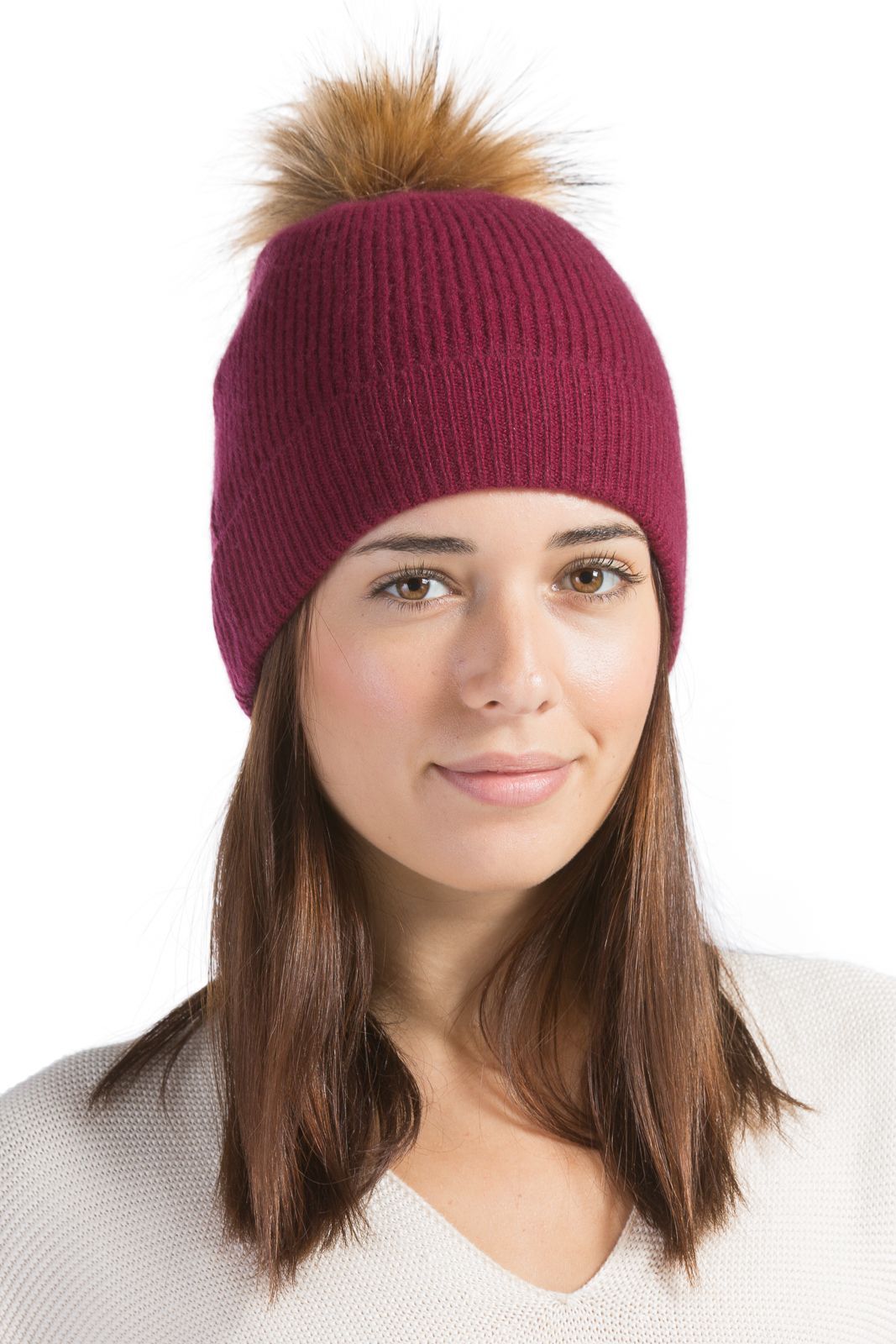 Women's 100% Pure Cashmere Pom Beanie Hat Womens>Accessories>Hat Fishers Finery Cabernet One Size 