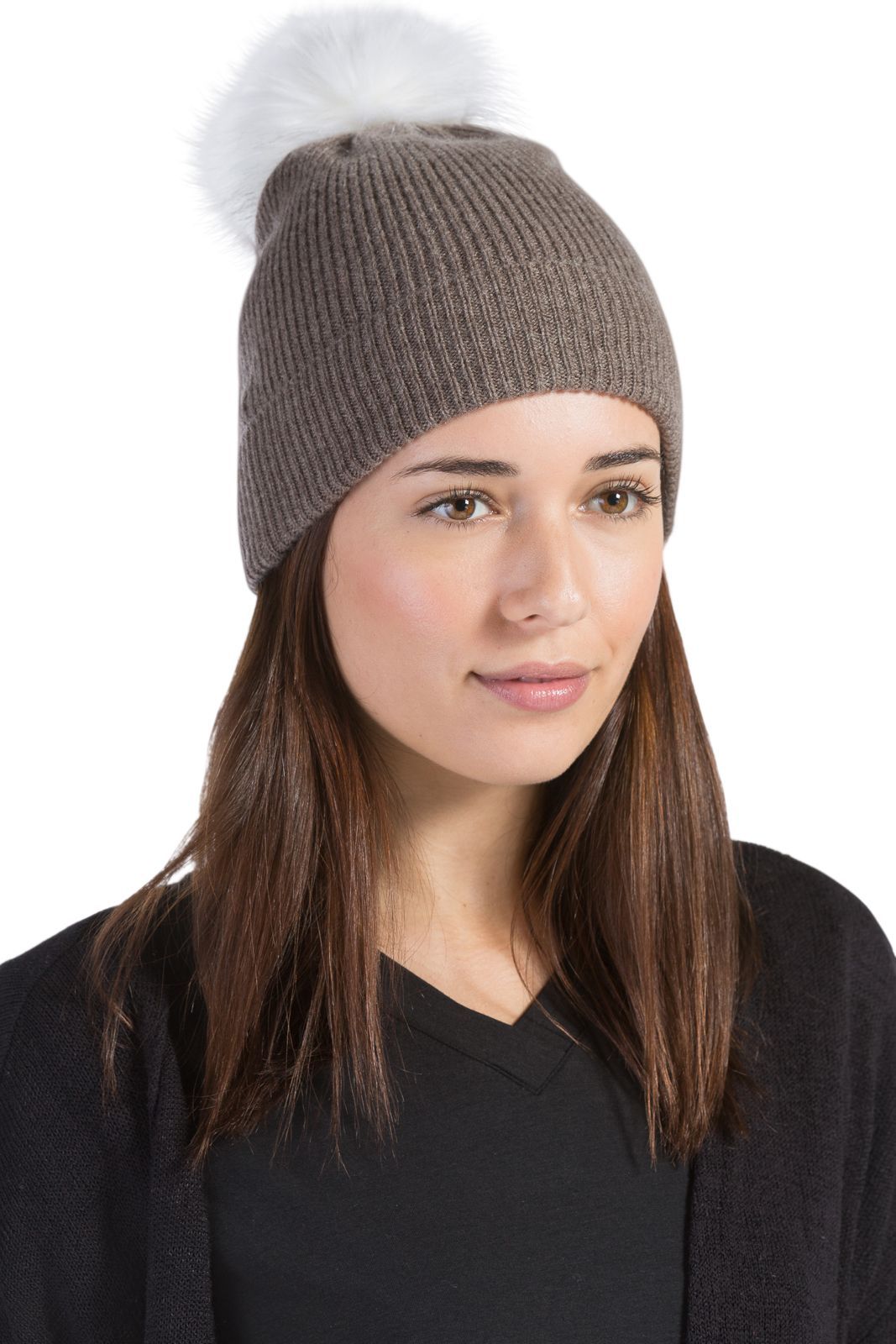 Women's 100% Pure Cashmere Pom Beanie Hat Womens>Accessories>Hat Fishers Finery Cappuccino One Size 