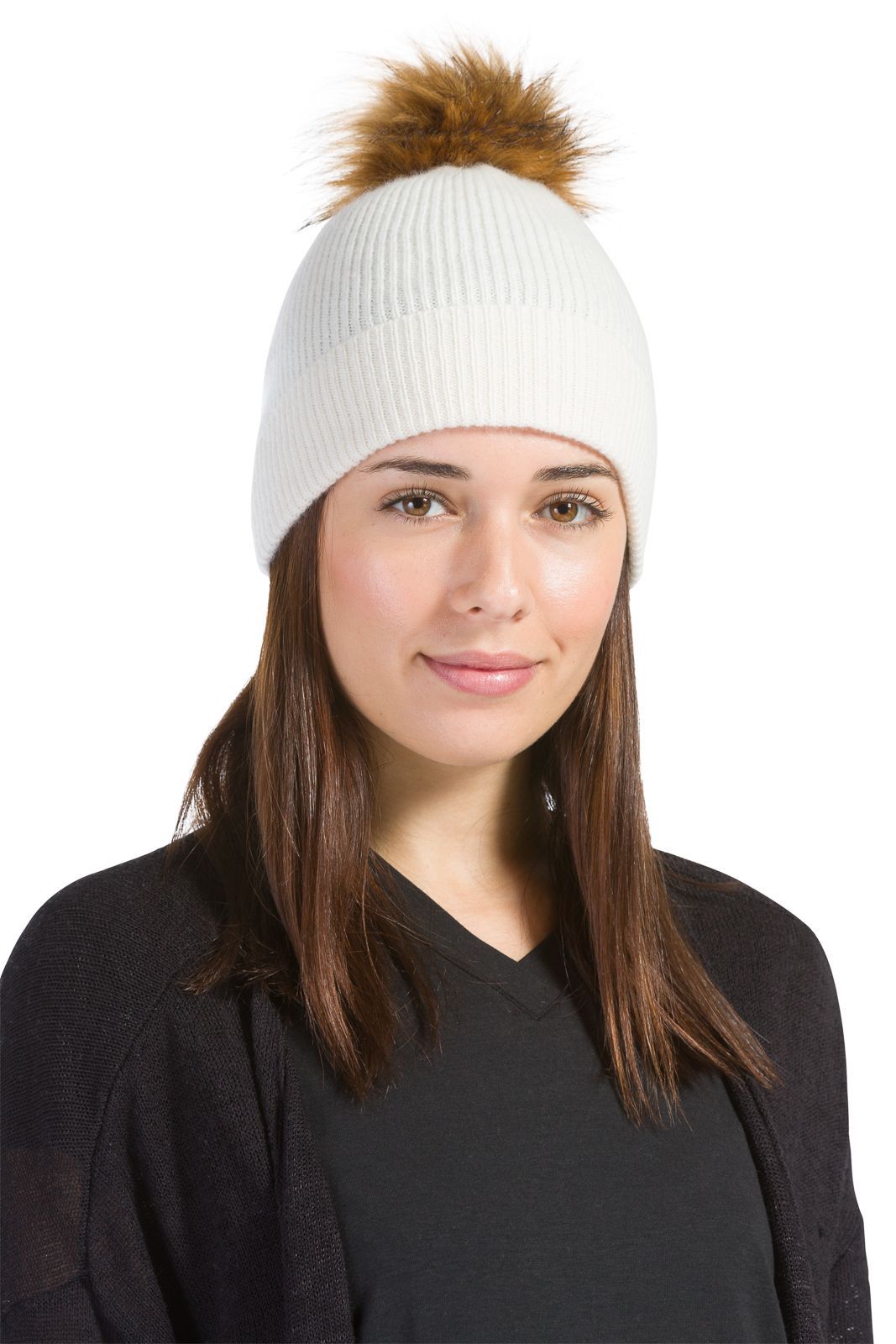 Women's 100% Pure Cashmere Pom Beanie Hat Womens>Accessories>Hat Fishers Finery Cream One Size 