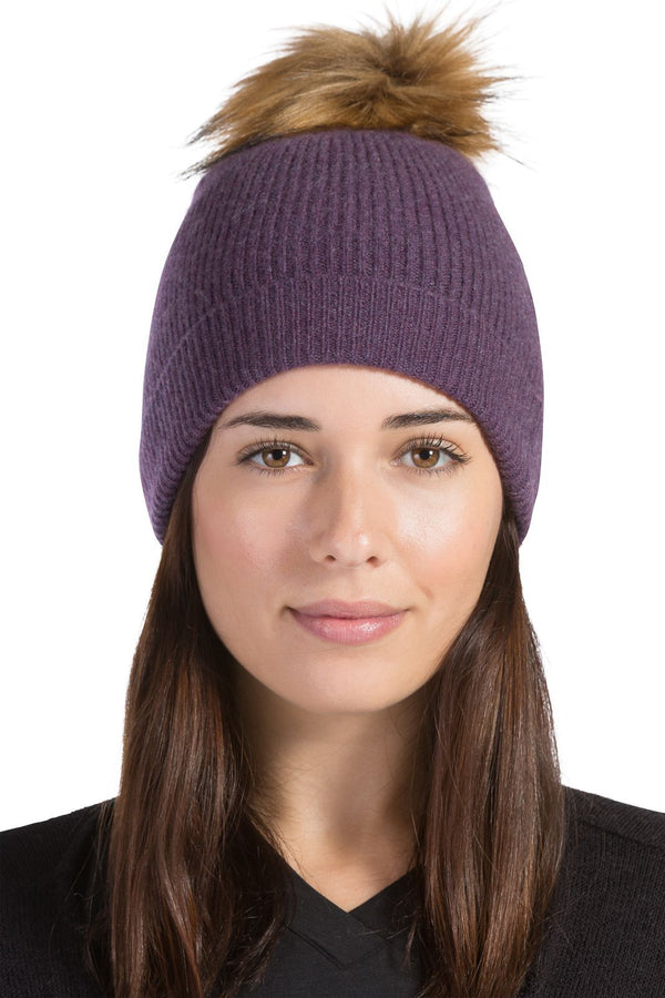 Women's 100% Pure Cashmere Pom Beanie Hat Womens>Accessories>Hat Fishers Finery Eggplant One Size 