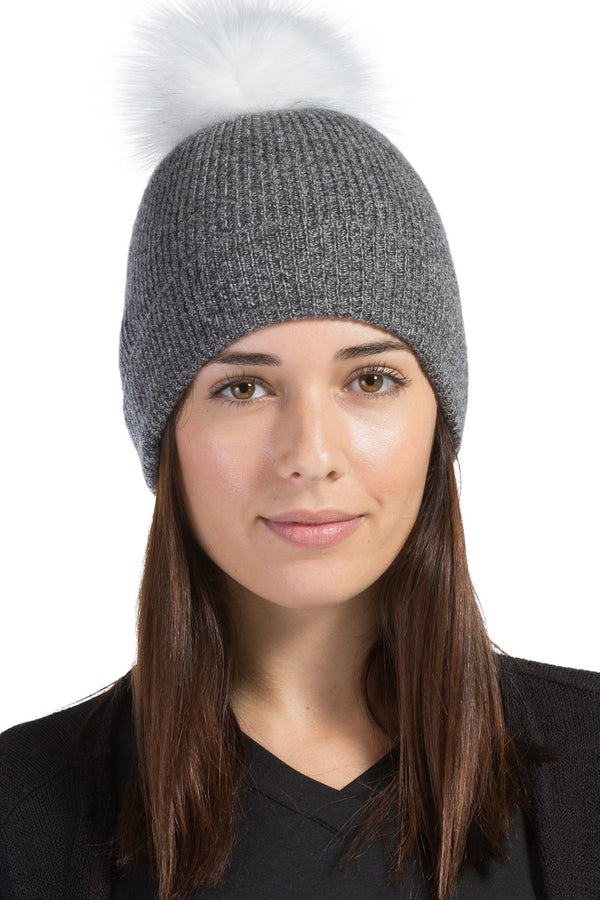 Women's 100% Pure Cashmere Pom Beanie Hat Womens>Accessories>Hat Fishers Finery Heather Gray One Size 