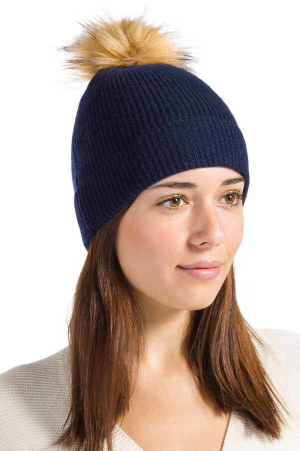 Women's 100% Pure Cashmere Pom Beanie Hat Womens>Accessories>Hat Fishers Finery Navy One Size 