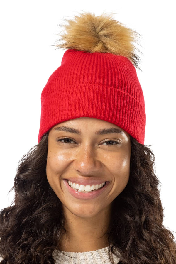 Women's 100% Pure Cashmere Pom Beanie Hat Womens>Accessories>Hat Fishers Finery Cardinal Red One Size 