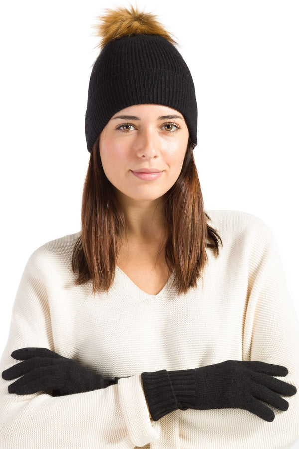 Women's 2pc 100% Cashmere Pom Beanie Hat & Glove Set with Gift Box Womens>Accessories>Hat Fishers Finery Black One Size 