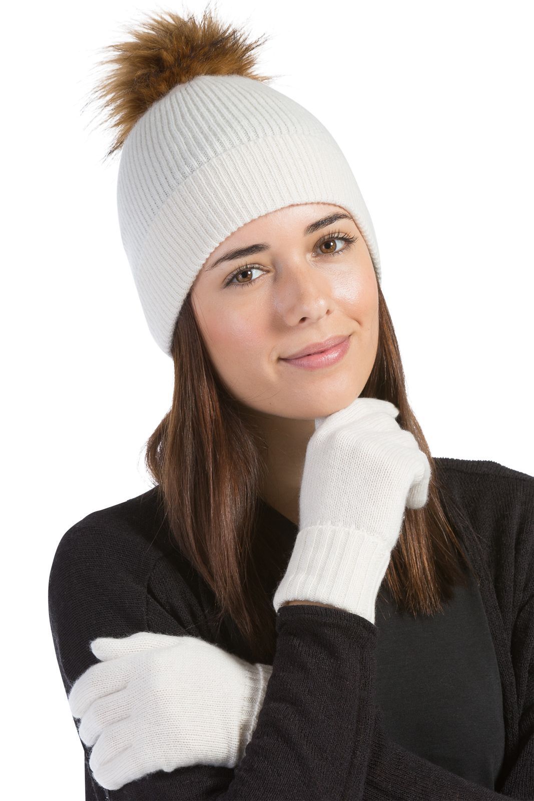 Women's 2pc 100% Cashmere Pom Beanie Hat & Glove Set with Gift Box Womens>Accessories>Hat Fishers Finery Cream One Size 