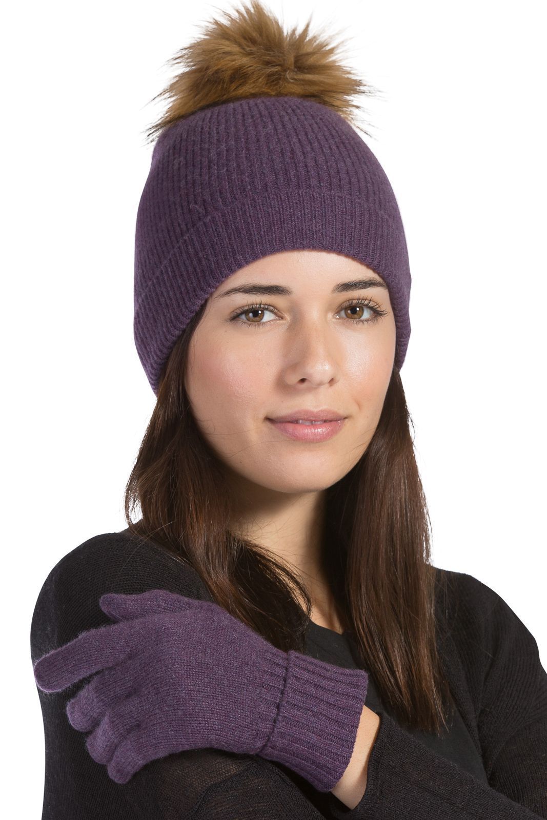 Women's 2pc 100% Cashmere Pom Beanie Hat & Glove Set with Gift Box Womens>Accessories>Hat Fishers Finery Eggplant One Size 