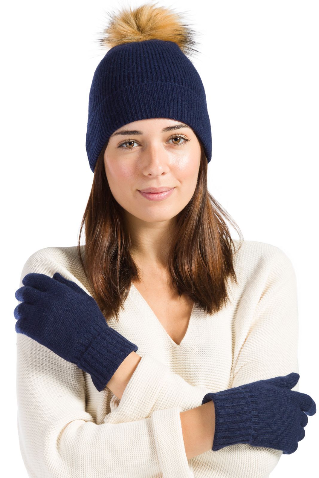 Women's 2pc 100% Cashmere Pom Beanie Hat & Glove Set with Gift Box Womens>Accessories>Hat Fishers Finery Navy One Size 