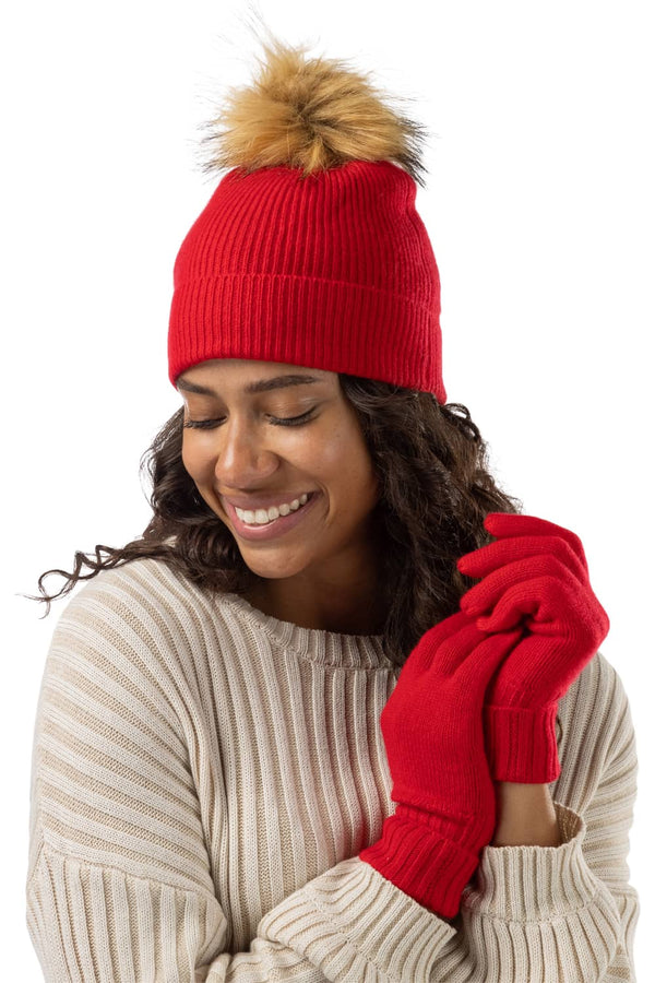 Women's 2pc 100% Cashmere Pom Beanie Hat & Glove Set with Gift Box Womens>Accessories>Hat Fishers Finery Cardinal Red One Size 