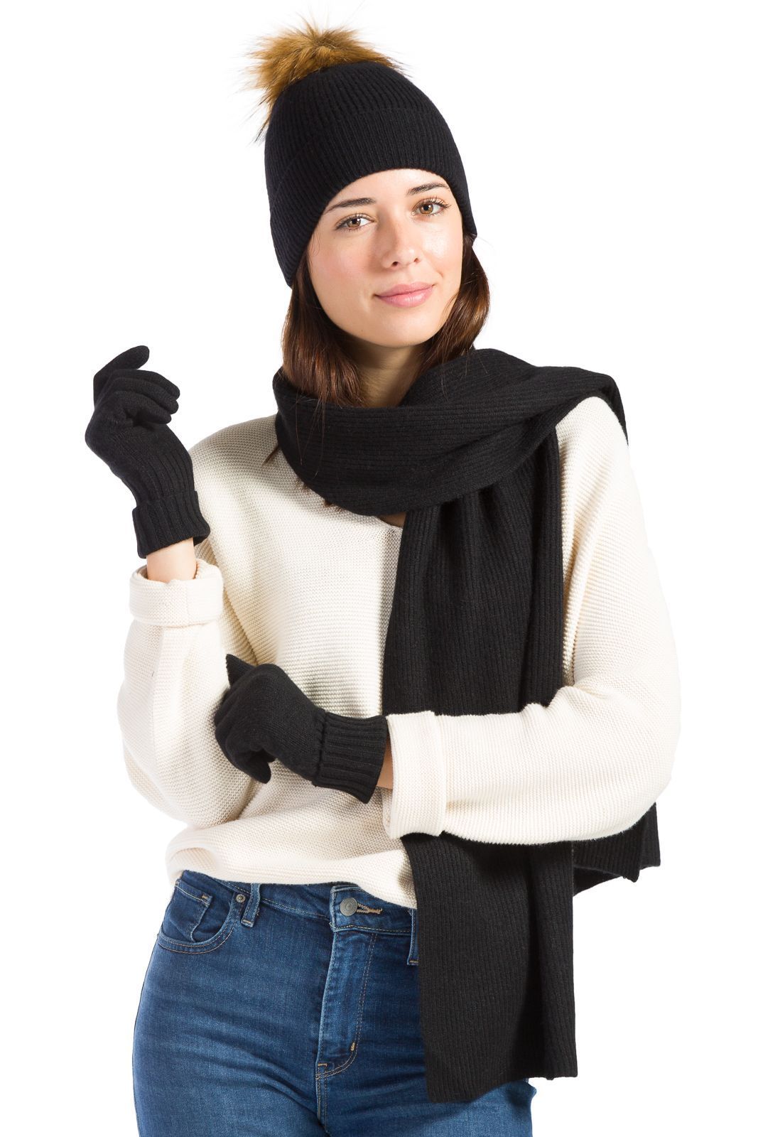 Women's 3pc 100% Cashmere Pom Beanie, Glove & Scarf Set with Gift Box Womens>Accessories>Cashmere Set Fishers Finery Black One Size 