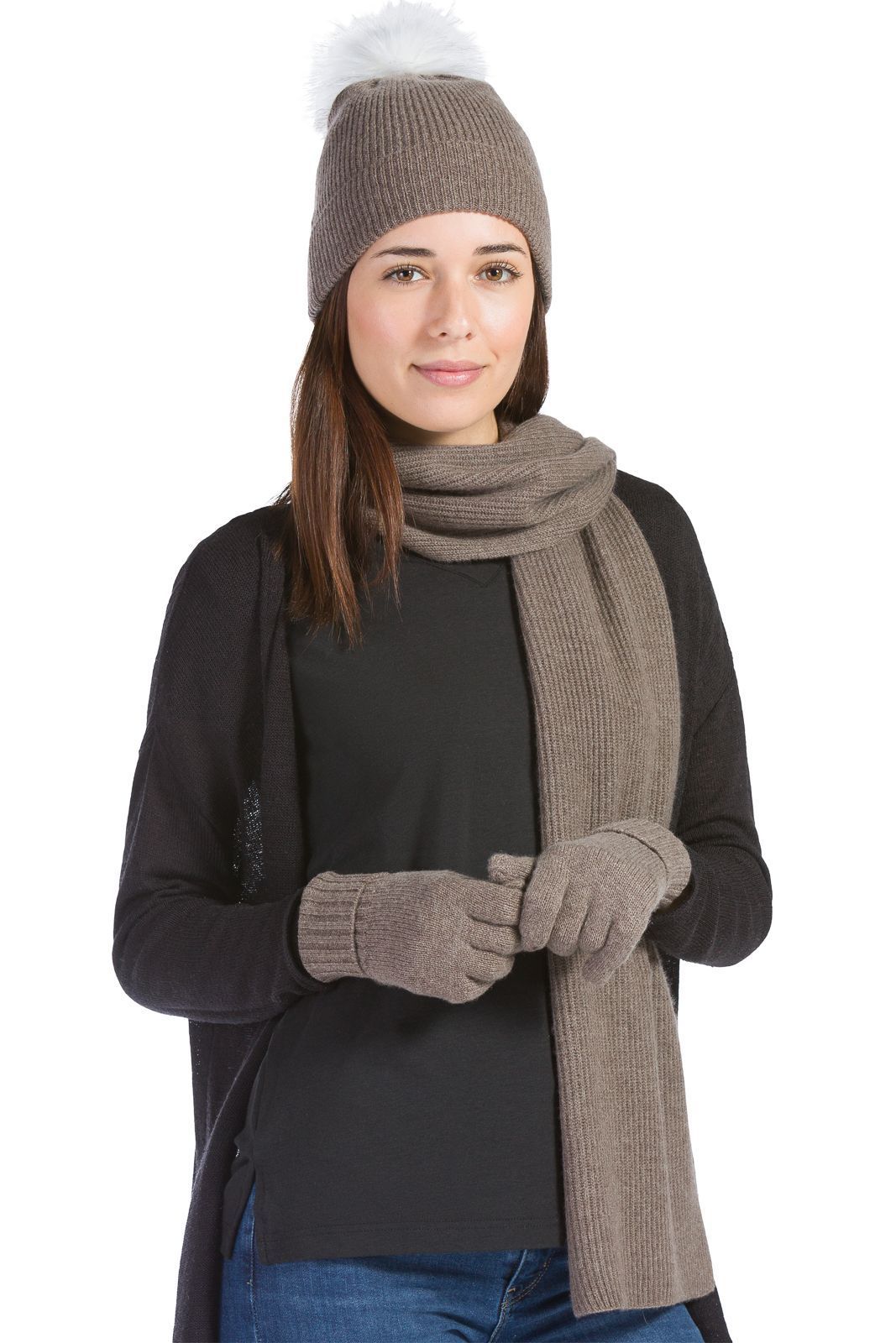 Women's 3pc 100% Cashmere Pom Beanie, Glove & Scarf Set with Gift Box Womens>Accessories>Cashmere Set Fishers Finery Cappuccino One Size 