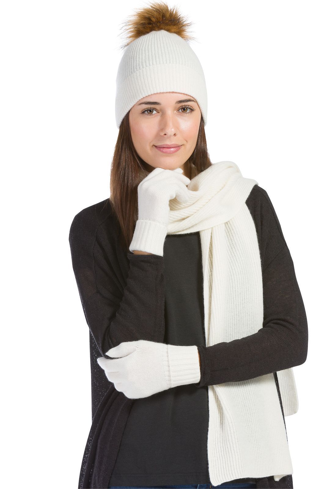 Women's 3pc 100% Cashmere Pom Beanie, Glove & Scarf Set with Gift Box Womens>Accessories>Cashmere Set Fishers Finery Cream One Size 