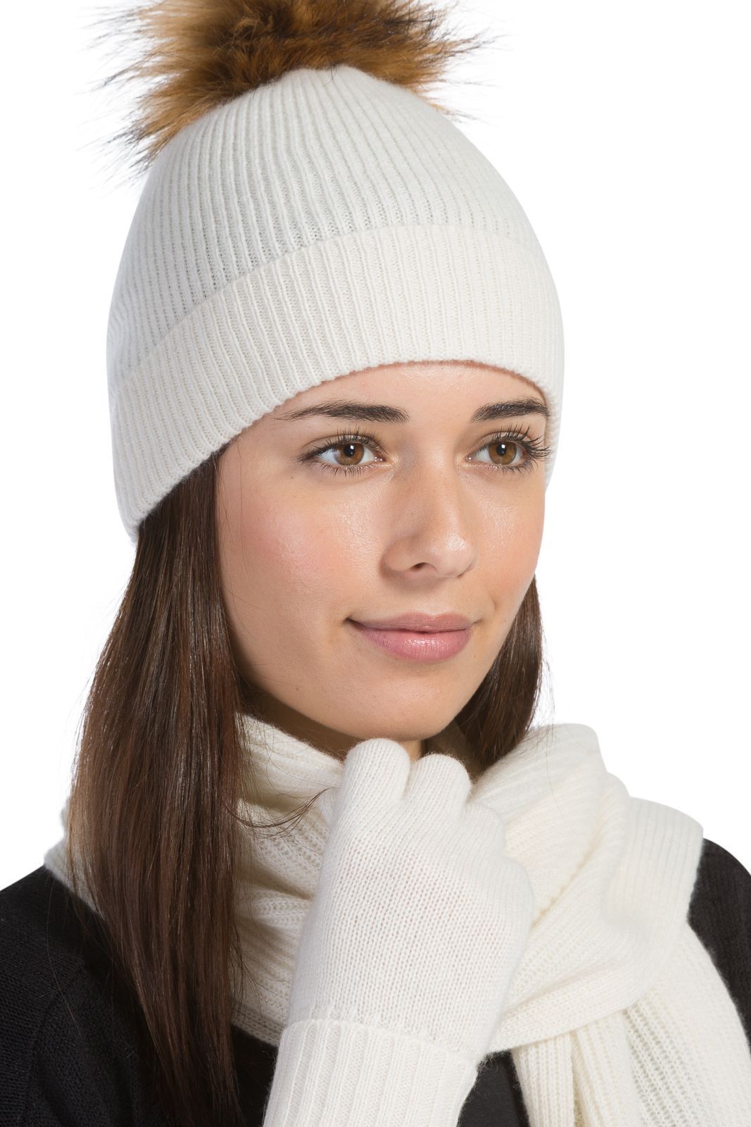 Women's 3pc 100% Cashmere Pom Beanie, Glove & Scarf Set with Gift Box Womens>Accessories>Cashmere Set Fishers Finery 