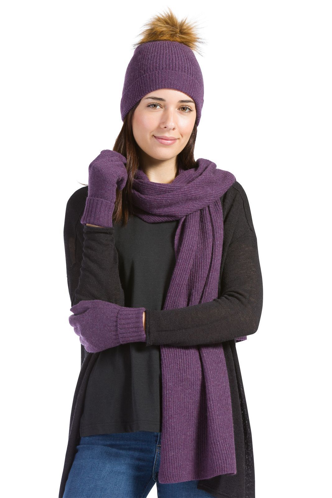 Women's 3pc 100% Cashmere Pom Beanie, Glove & Scarf Set with Gift Box Womens>Accessories>Cashmere Set Fishers Finery Eggplant One Size 