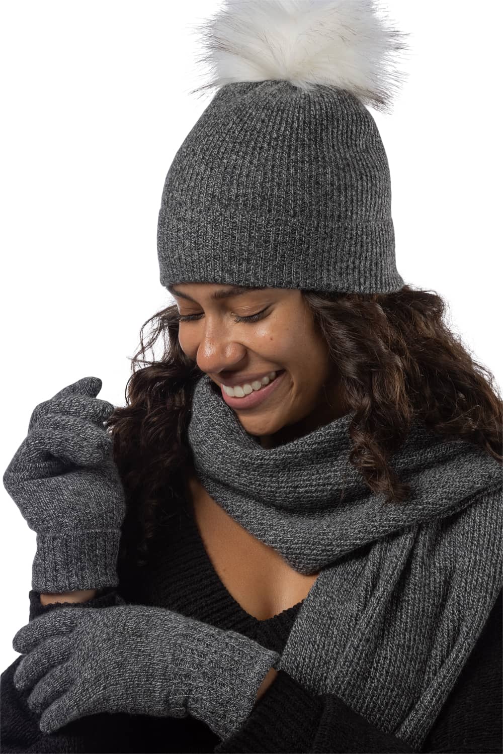 Women&#39;s 3pc 100% Cashmere Pom Beanie, Glove &amp; Scarf Set with Gift Box Womens&gt;Accessories&gt;Cashmere Set Fishers Finery 